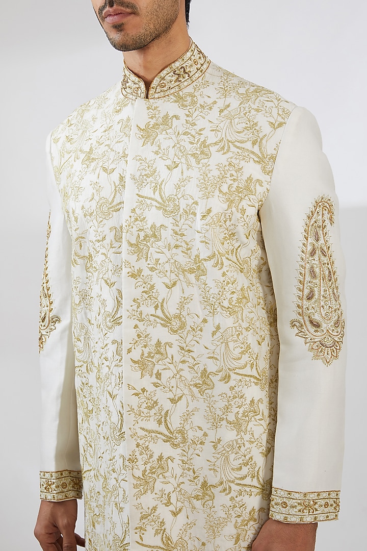 Ivory Chanderi Zari Hand Embroidered Groom Sherwani Set by Rar Studio Men at Pernia's Pop Up Shop