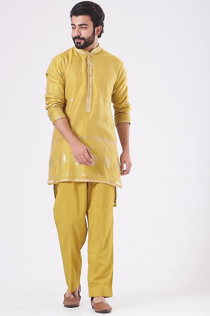 Lime Yellow Handloom Chanderi Kurta Set by Rar Studio Men