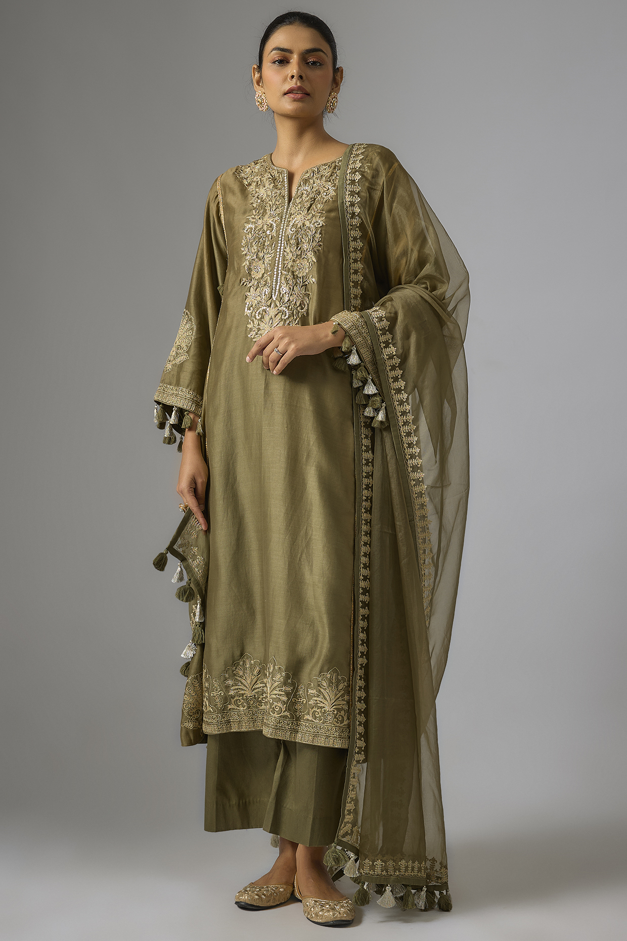 Olive Chanderi Silk Aari Embroidered Kurta Set by RAR Studio at Pernia's Pop Up Shop