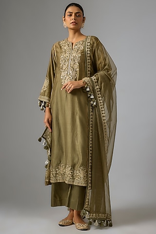 Olive Chanderi Silk Aari Embroidered Kurta Set by RAR Studio