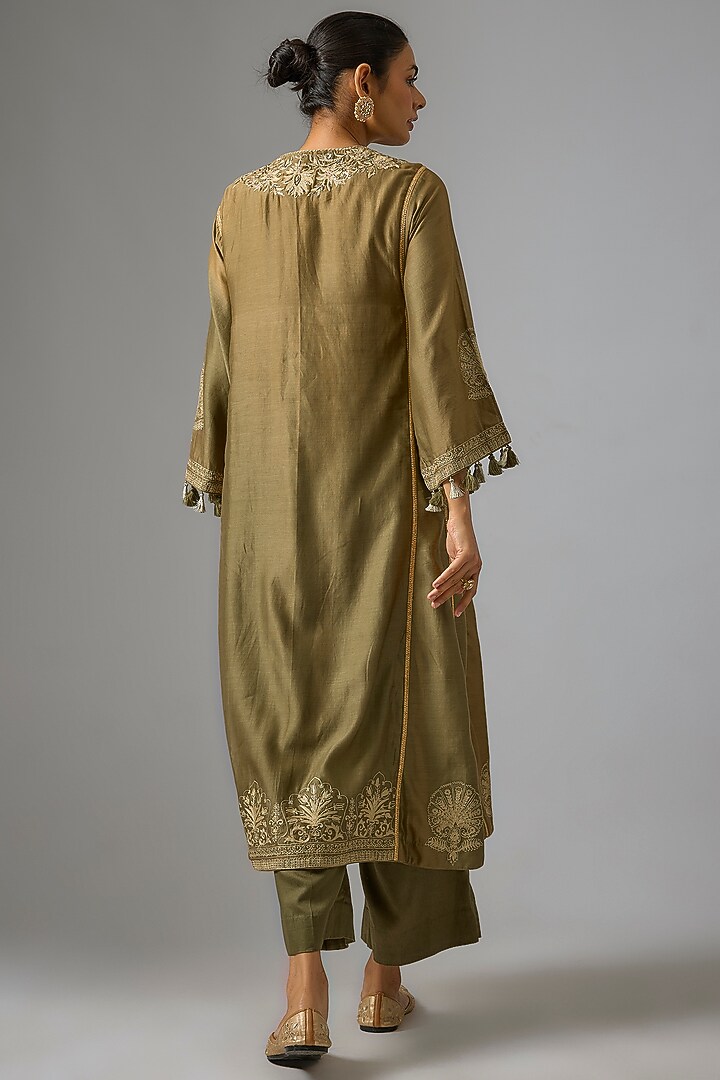Olive Chanderi Silk Aari Embroidered Kurta Set by RAR Studio at Pernia's Pop Up Shop