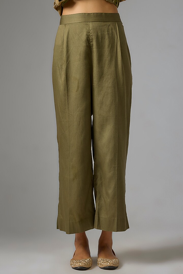 Olive Chanderi Silk Aari Embroidered Kurta Set by RAR Studio at Pernia's Pop Up Shop