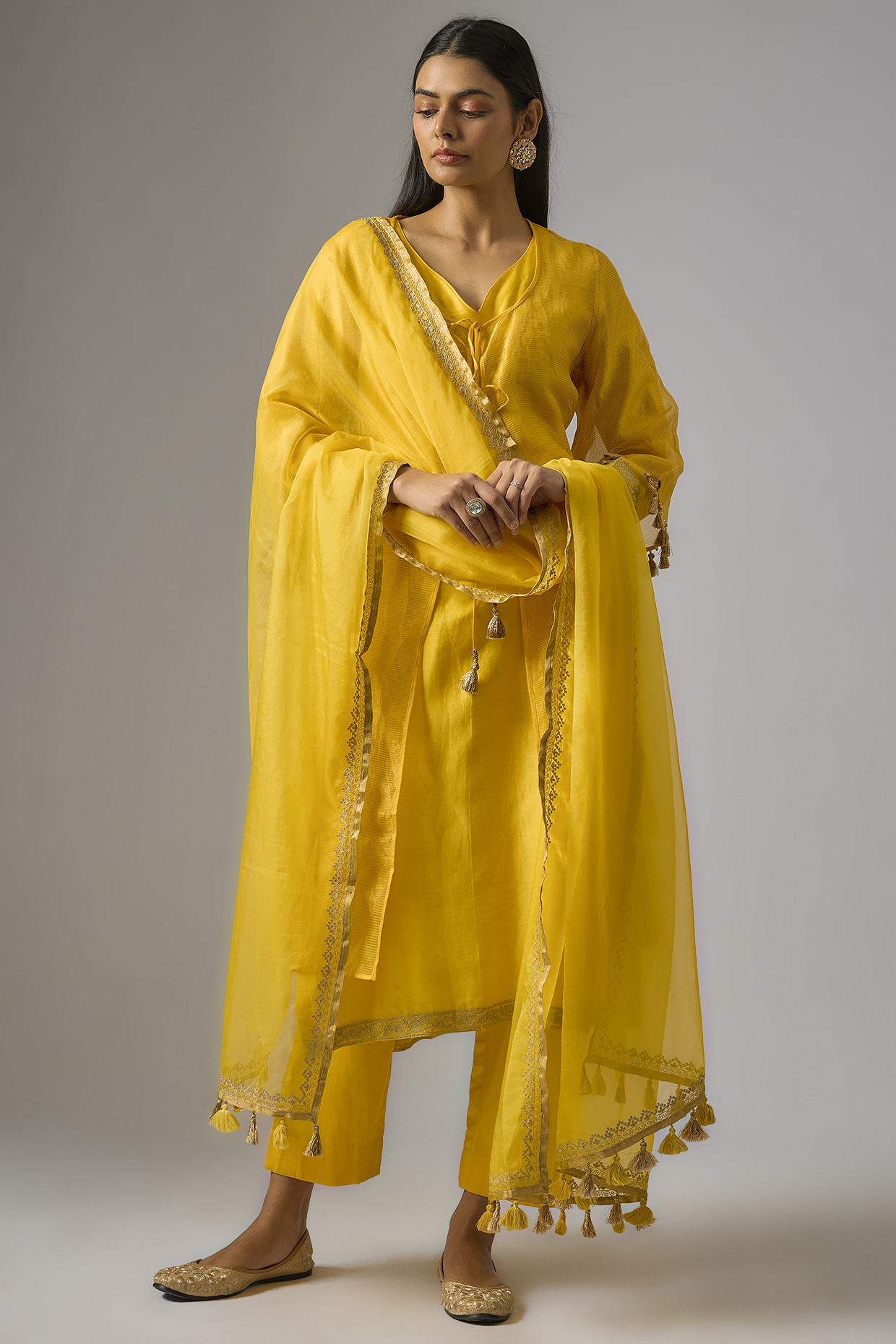 Yellow Chanderi Silk Aari Embroidered Jacket Kurta Set by RAR Studio at Pernia's Pop Up Shop
