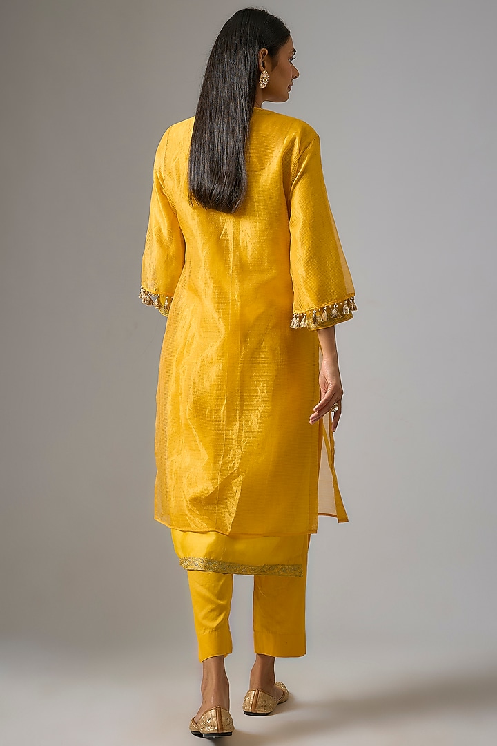 Yellow Chanderi Silk Aari Embroidered Jacket Kurta Set by RAR Studio at Pernia's Pop Up Shop