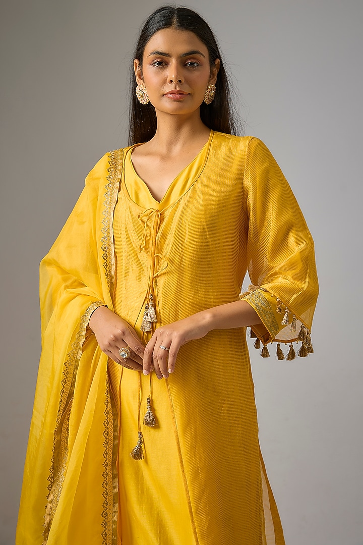 Yellow Chanderi Silk Aari Embroidered Jacket Kurta Set by RAR Studio at Pernia's Pop Up Shop