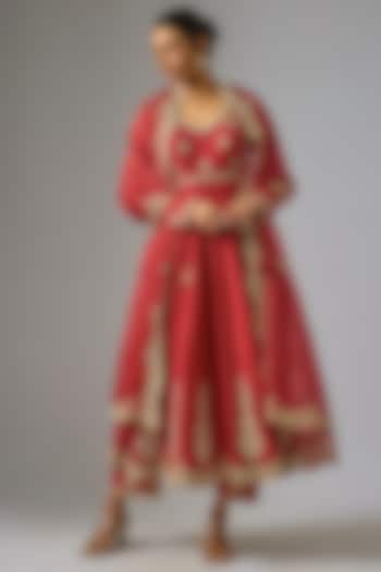 Maroon Chanderi Silk Dori Embroidered Wedding Anarkali Set by RAR Studio at Pernia's Pop Up Shop