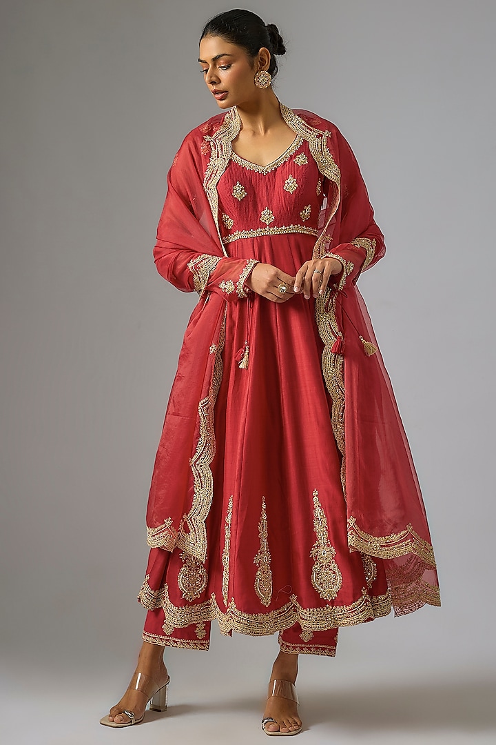 Maroon Chanderi Silk Dori Embroidered Wedding Anarkali Set by RAR Studio at Pernia's Pop Up Shop