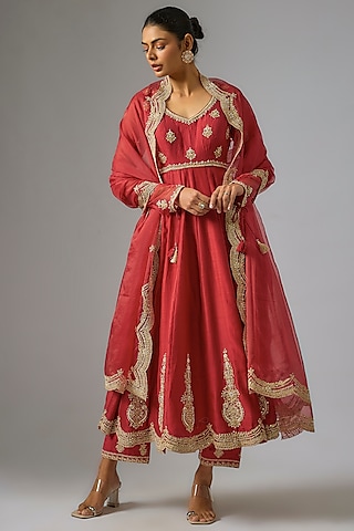 Maroon Chanderi Silk Dori Embroidered Anarkali Set by RAR Studio