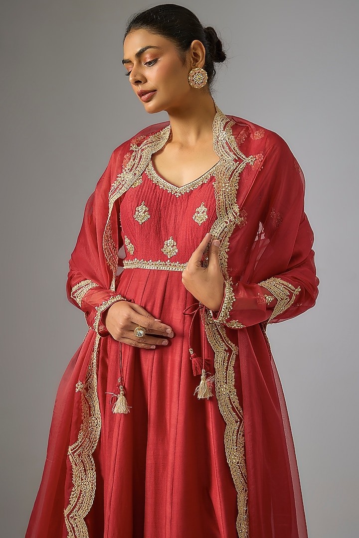 Maroon Chanderi Silk Dori Embroidered Wedding Anarkali Set by RAR Studio at Pernia's Pop Up Shop