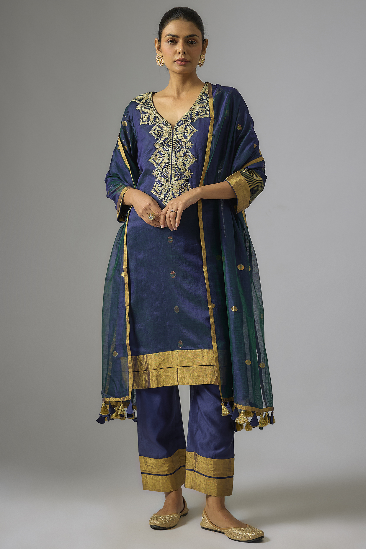 Indigo Chanderi Silk Aari Embroidered Kurta Set by RAR Studio at Pernia's Pop Up Shop
