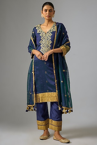 Indigo Chanderi Silk Aari Embroidered Kurta Set by RAR Studio