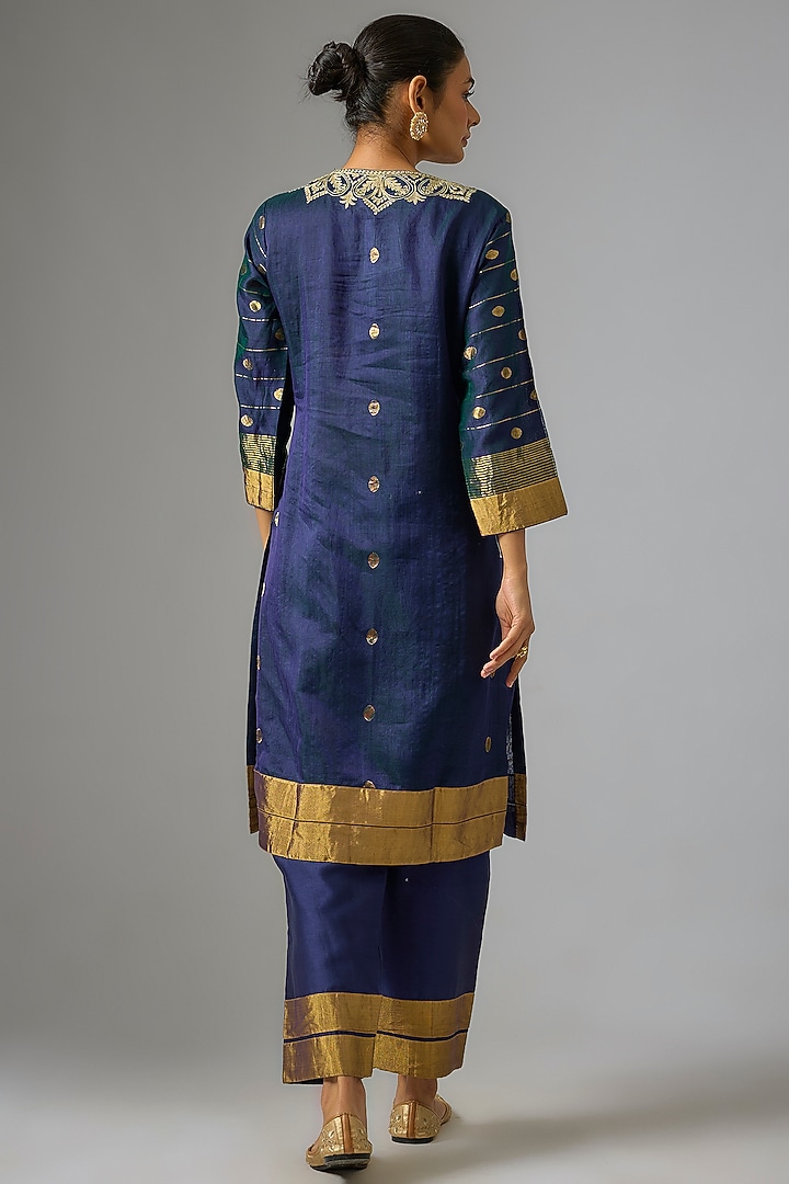 Indigo Chanderi Silk Aari Embroidered Kurta Set by RAR Studio at Pernia's Pop Up Shop