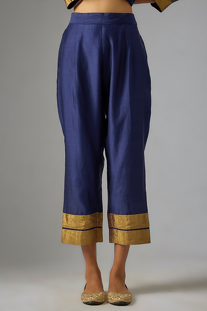 Indigo Chanderi Silk Aari Embroidered Kurta Set by RAR Studio at Pernia's Pop Up Shop