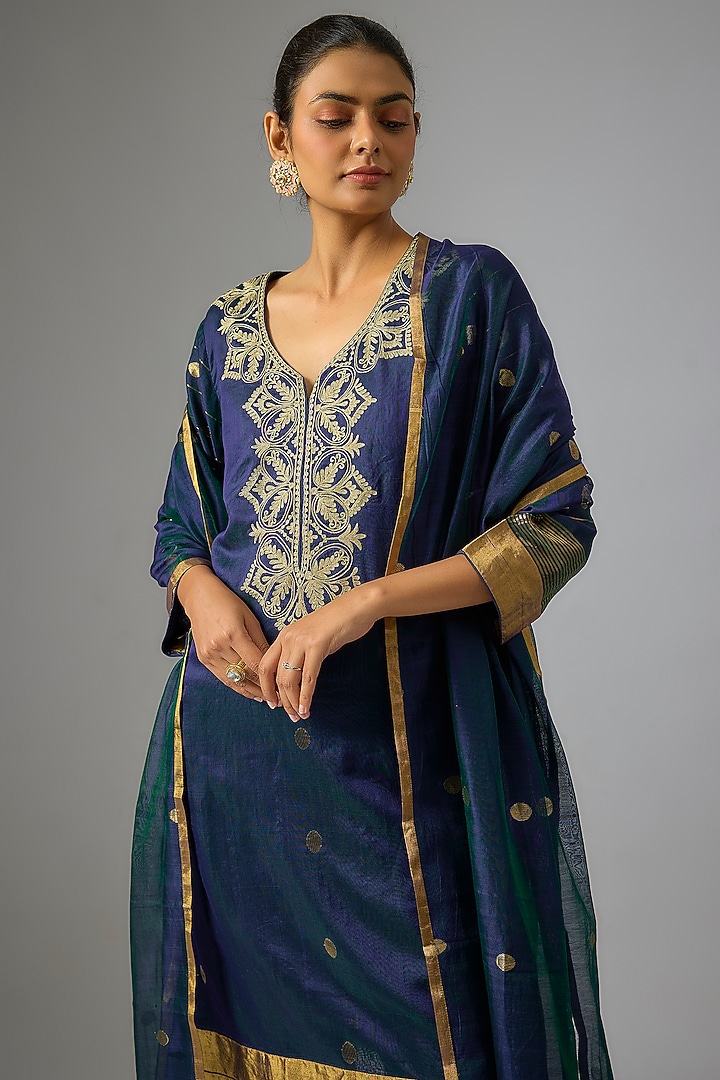 Indigo Chanderi Silk Aari Embroidered Kurta Set by RAR Studio at Pernia's Pop Up Shop