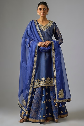 Indigo Chanderi Silk Embroidered Sharara Set by RAR Studio