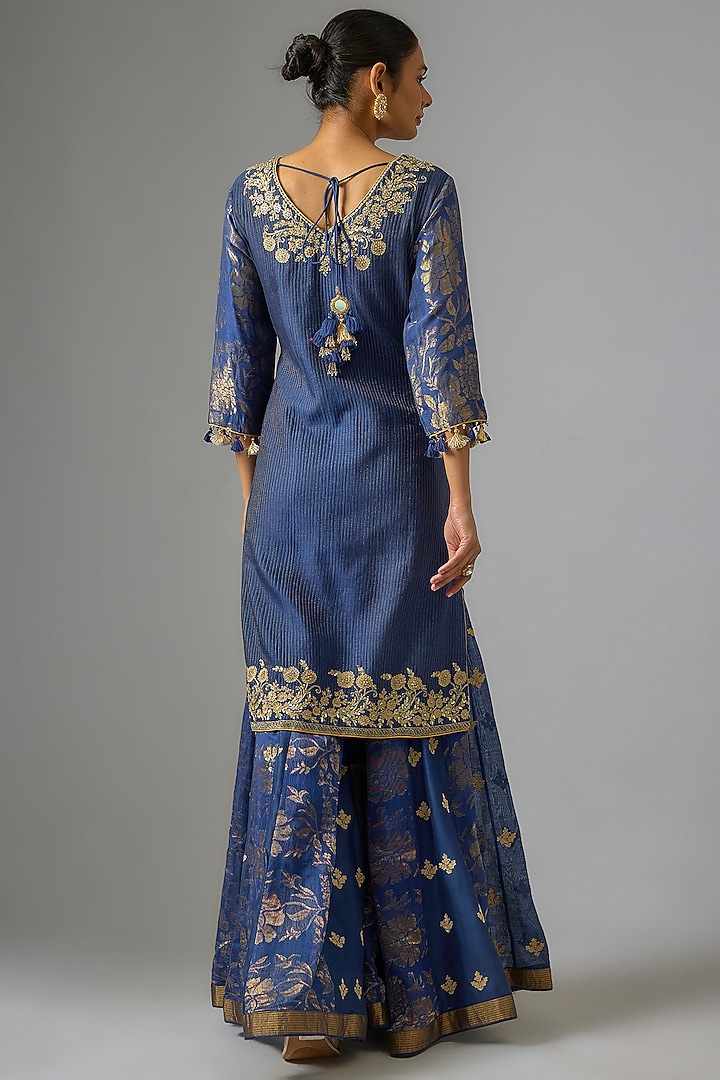 Indigo Chanderi Silk Embroidered Wedding Sharara Set by RAR Studio at Pernia's Pop Up Shop