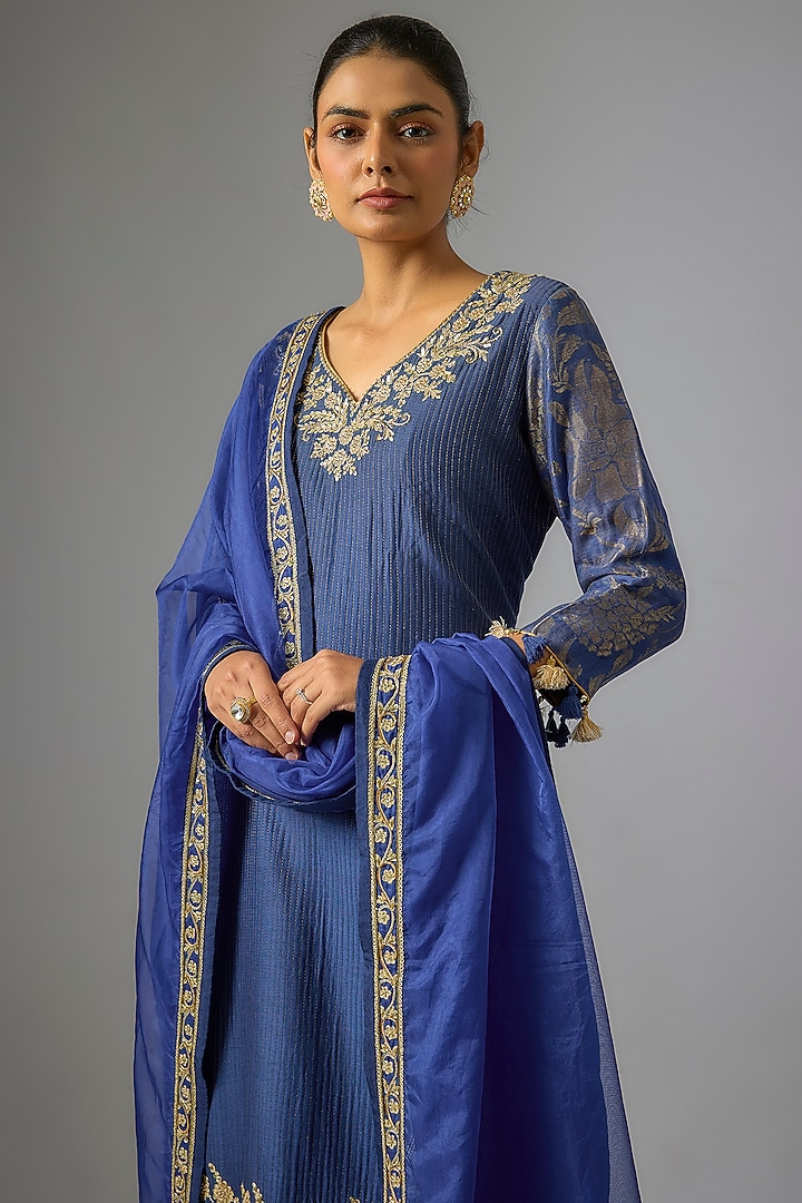 Indigo Chanderi Silk Embroidered Wedding Sharara Set by RAR Studio at Pernia's Pop Up Shop