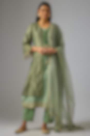 Moss Green Chanderi Silk Embroidered Jacket Kurta Set by RAR Studio at Pernia's Pop Up Shop