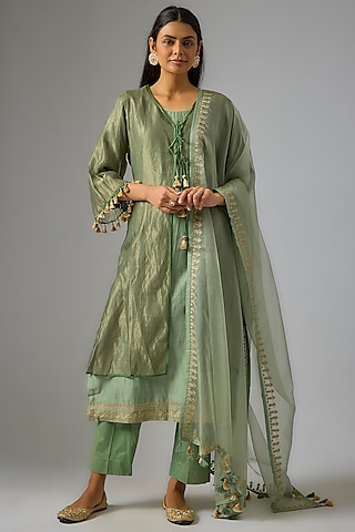Moss Green Chanderi Silk Embroidered Jacket Kurta Set by RAR Studio