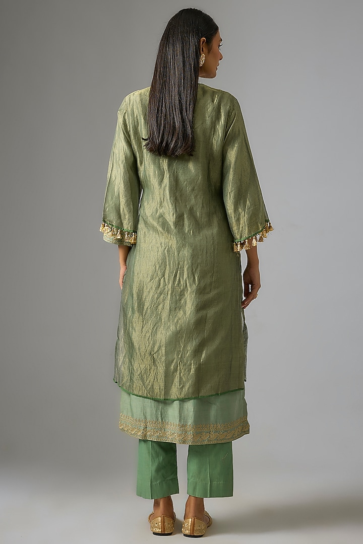 Moss Green Chanderi Silk Embroidered Jacket Kurta Set by RAR Studio at Pernia's Pop Up Shop