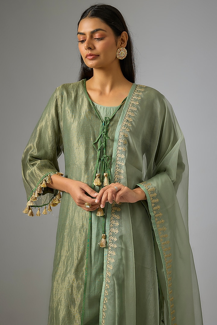 Moss Green Chanderi Silk Embroidered Jacket Kurta Set by RAR Studio at Pernia's Pop Up Shop