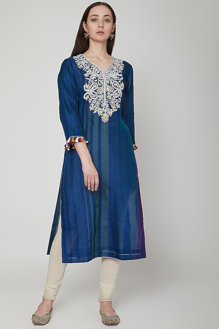 Cobalt Blue Embroidered & Striped Tunic by RAR Studio