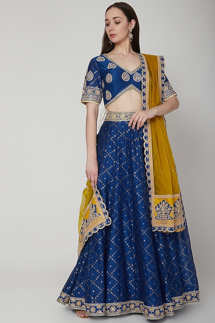Cobalt Blue Woven & Embroidered Wedding Lehenga Set by RAR Studio at Pernia's Pop Up Shop