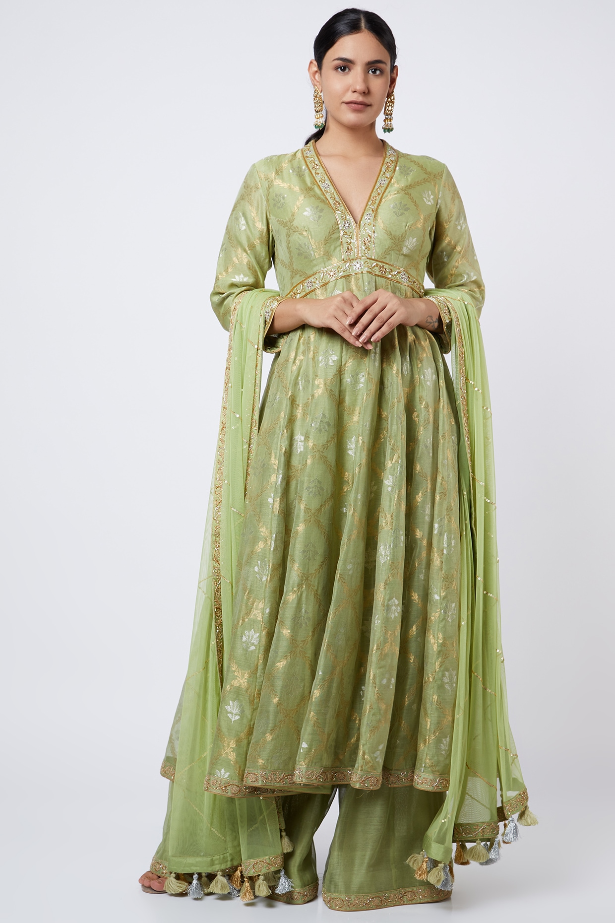 Green and Orange Floral Printed Hand Embroidered Anarkali main image 0