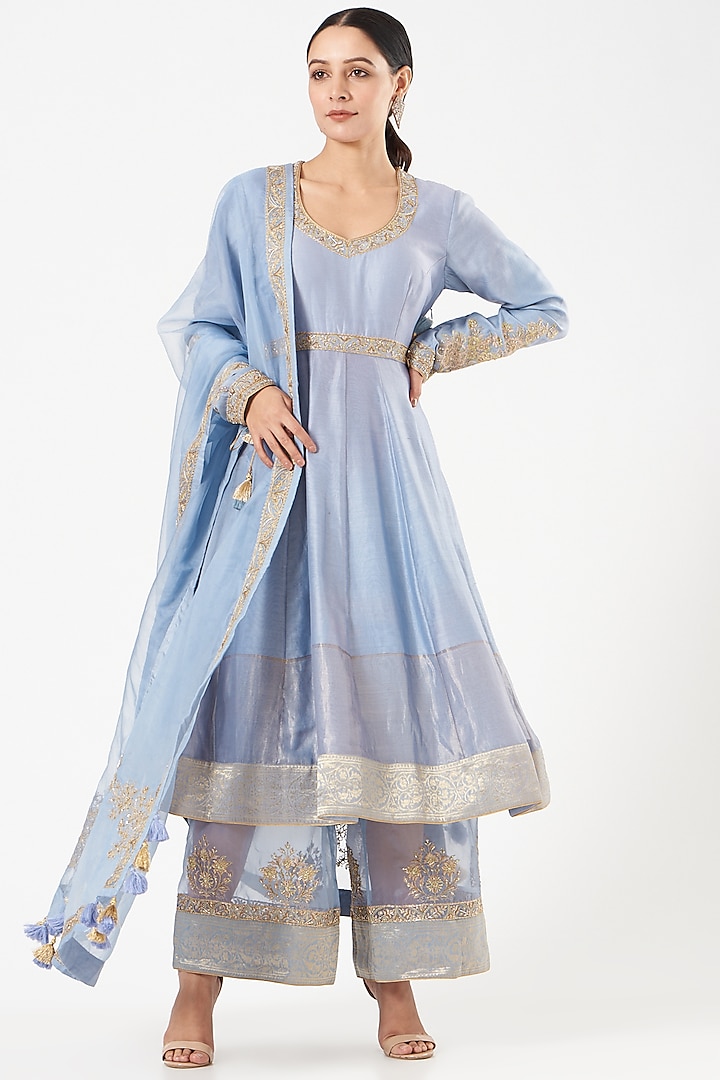 Pale Blue Hand Embroidered Anarkali Set by Rar Studio at Pernia's Pop Up Shop