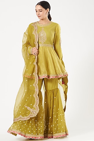 Mustard Hand Embroidered Sharara Set by Rar Studio