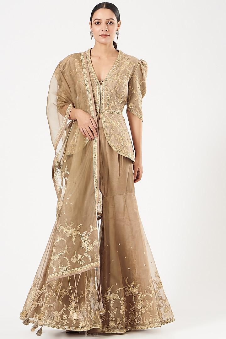 Beige Hand Embroidered Sharara Set by Rar Studio