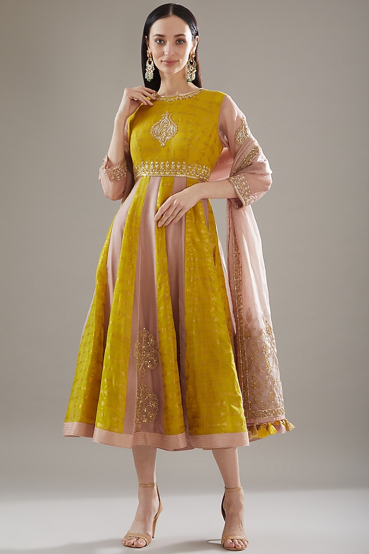 Yellow & Almond Chanderi Embroidered Anarkali Set by RAR Studio