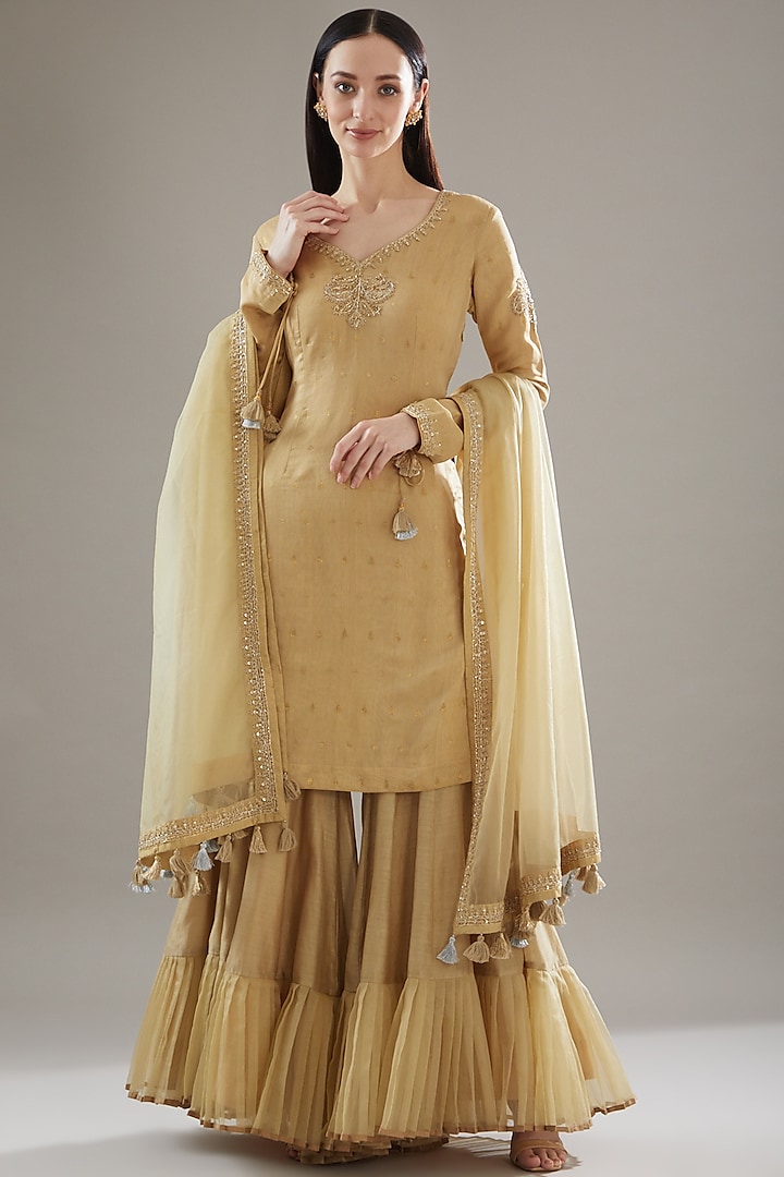 Beige Chanderi Sharara Set by RAR Studio at Pernia's Pop Up Shop