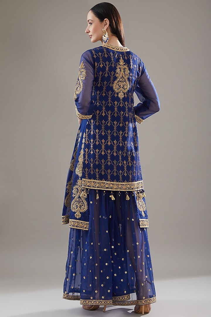Indigo Chanderi Embroidered Bridal Sharara Set by RAR Studio at Pernia's Pop Up Shop