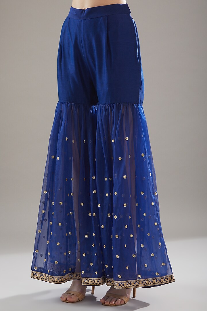 Indigo Chanderi Embroidered Bridal Sharara Set by RAR Studio at Pernia's Pop Up Shop
