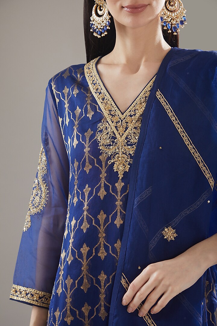 Indigo Chanderi Embroidered Bridal Sharara Set by RAR Studio at Pernia's Pop Up Shop