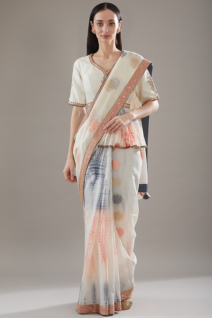 Multi-Colored Chanderi Tie-Dye Printed & Hand Embroidered Saree Set by RAR Studio