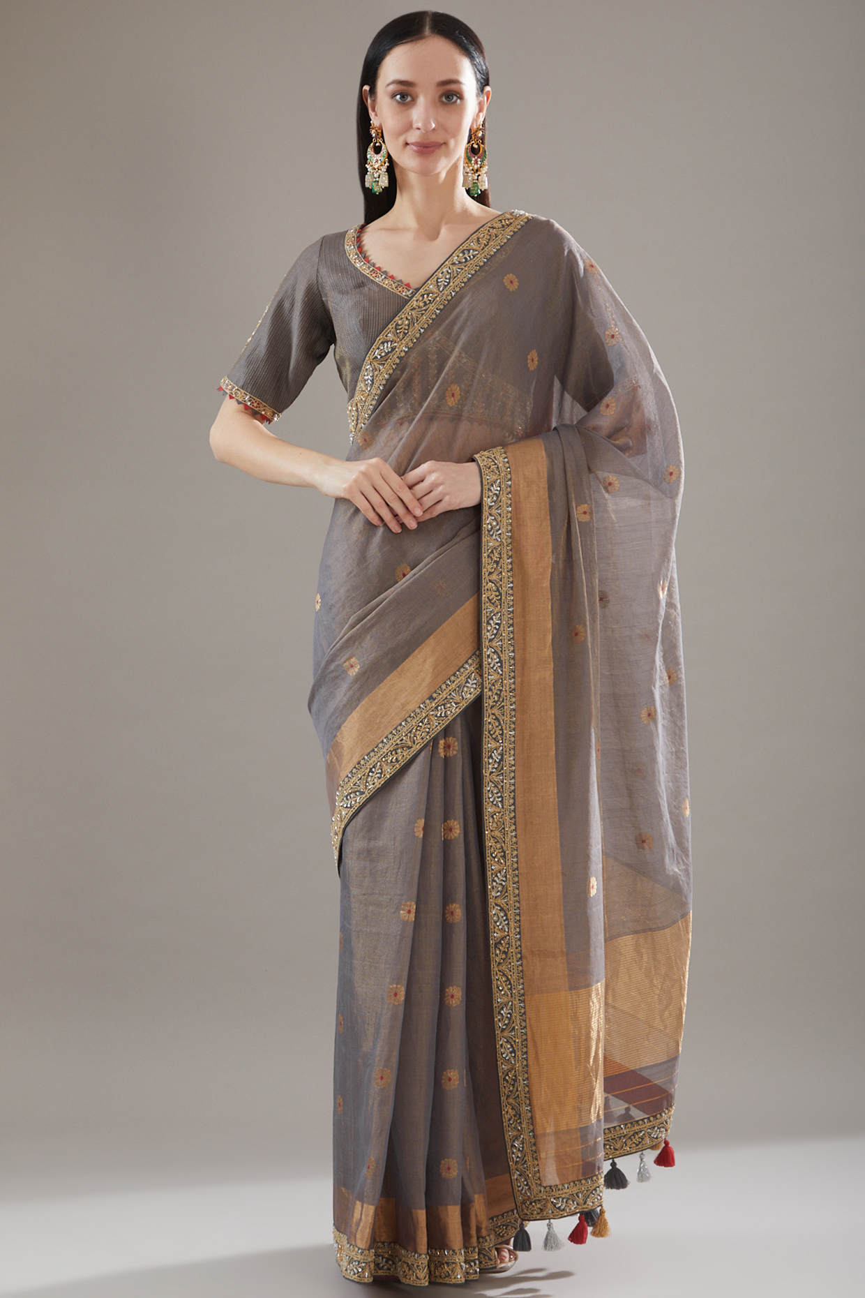 Grey Chanderi Embroidered Wedding Saree Set by RAR Studio at Pernia's Pop Up Shop