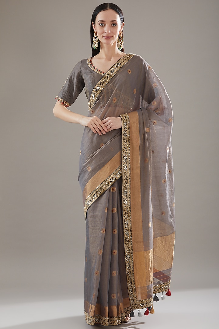 Grey Chanderi Embroidered Wedding Saree Set by RAR Studio at Pernia's Pop Up Shop