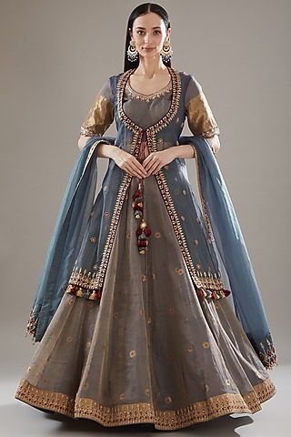 Grey Chanderi Embroidered Jacket Lehenga Set by RAR Studio