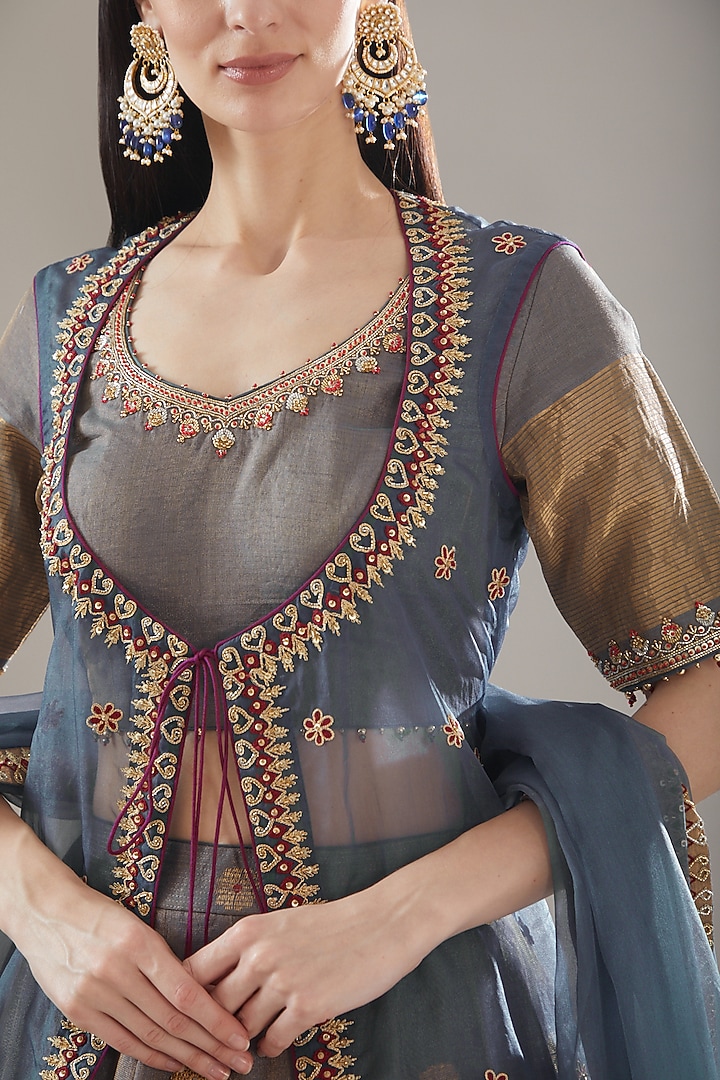 Grey Chanderi Embroidered Jacket Bridal Lehenga Set by RAR Studio at Pernia's Pop Up Shop