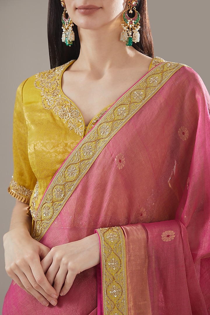 Magenta Chanderi Embroidered Reception Saree Set by RAR Studio at Pernia's Pop Up Shop