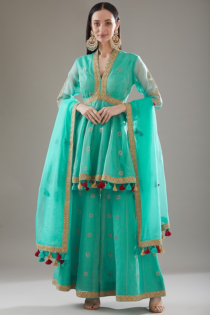 Turquoise Chanderi Sharara Set by RAR Studio