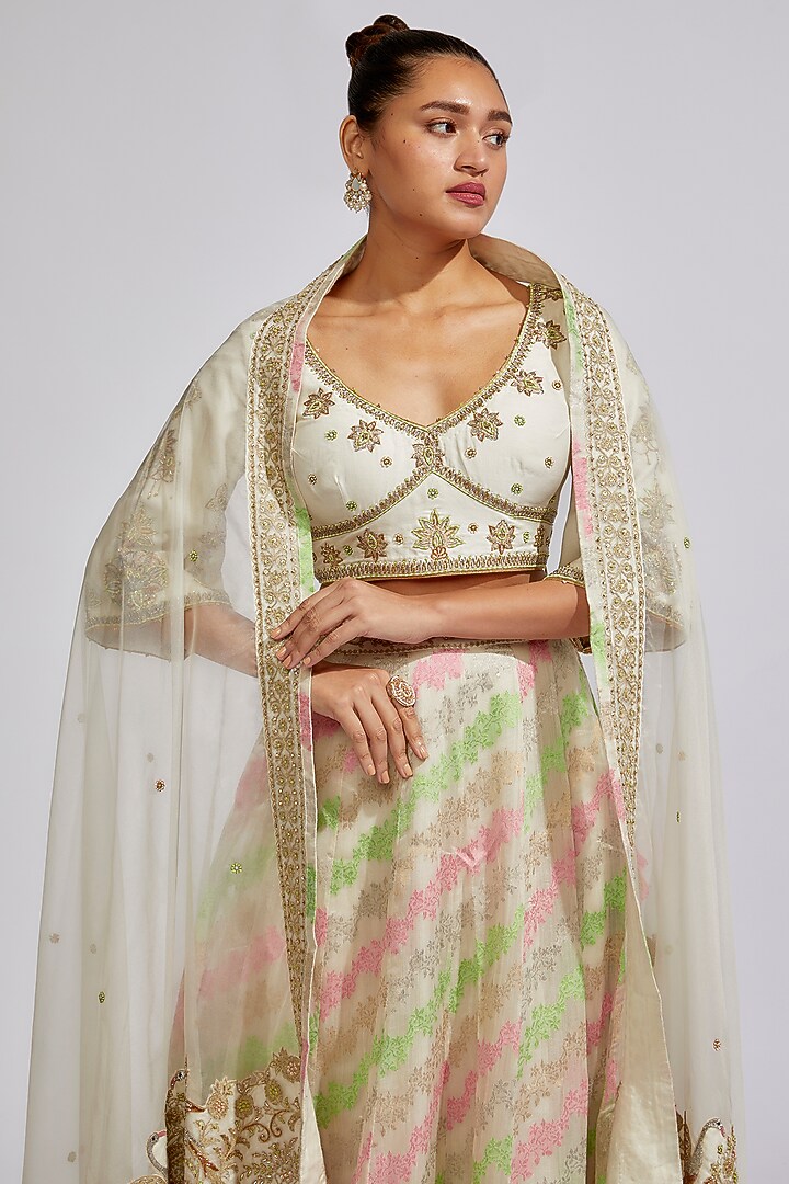 Ivory Chanderi Embroidered Wedding Lehenga Set by RAR Studio at Pernia's Pop Up Shop
