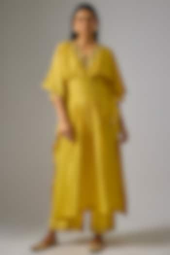 Mustard Chanderi Silk Dori Hand Embroidered Kaftan Set by RAR Studio at Pernia's Pop Up Shop
