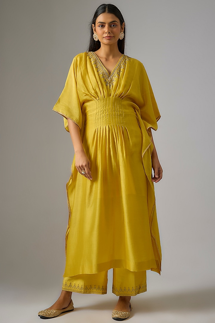 Mustard Chanderi Silk Dori Hand Embroidered Kaftan Set by RAR Studio at Pernia's Pop Up Shop