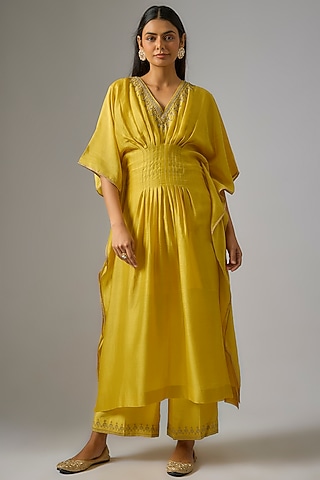 Mustard Chanderi Silk Dori Hand Embroidered Kaftan Set by RAR Studio