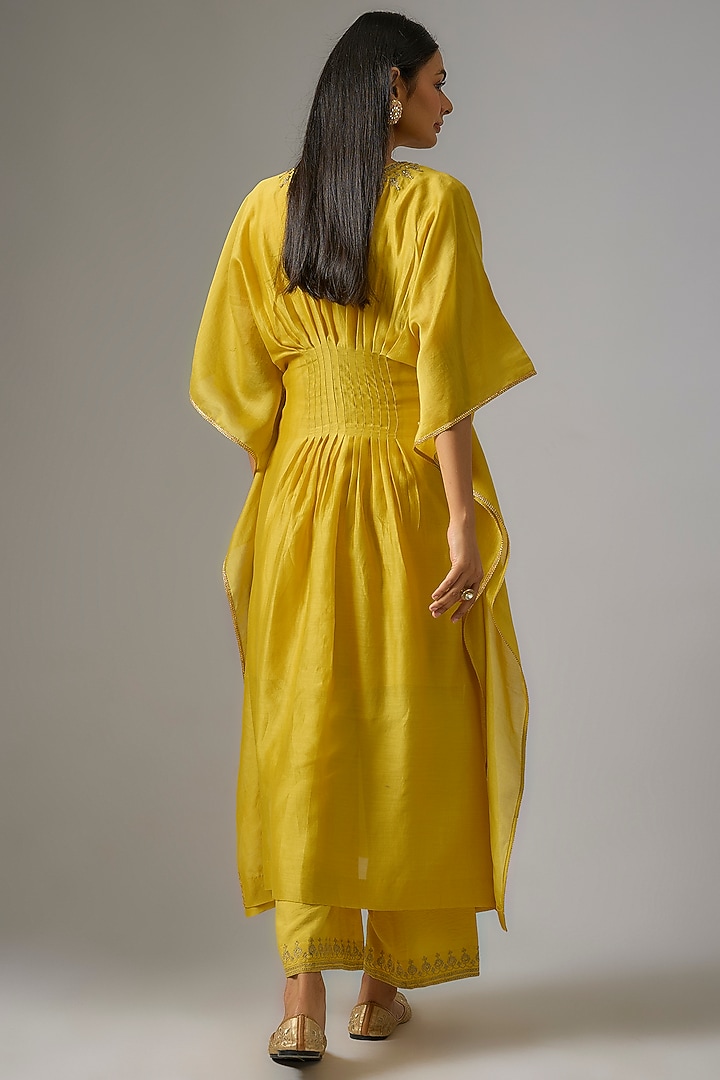 Mustard Chanderi Silk Dori Hand Embroidered Kaftan Set by RAR Studio at Pernia's Pop Up Shop