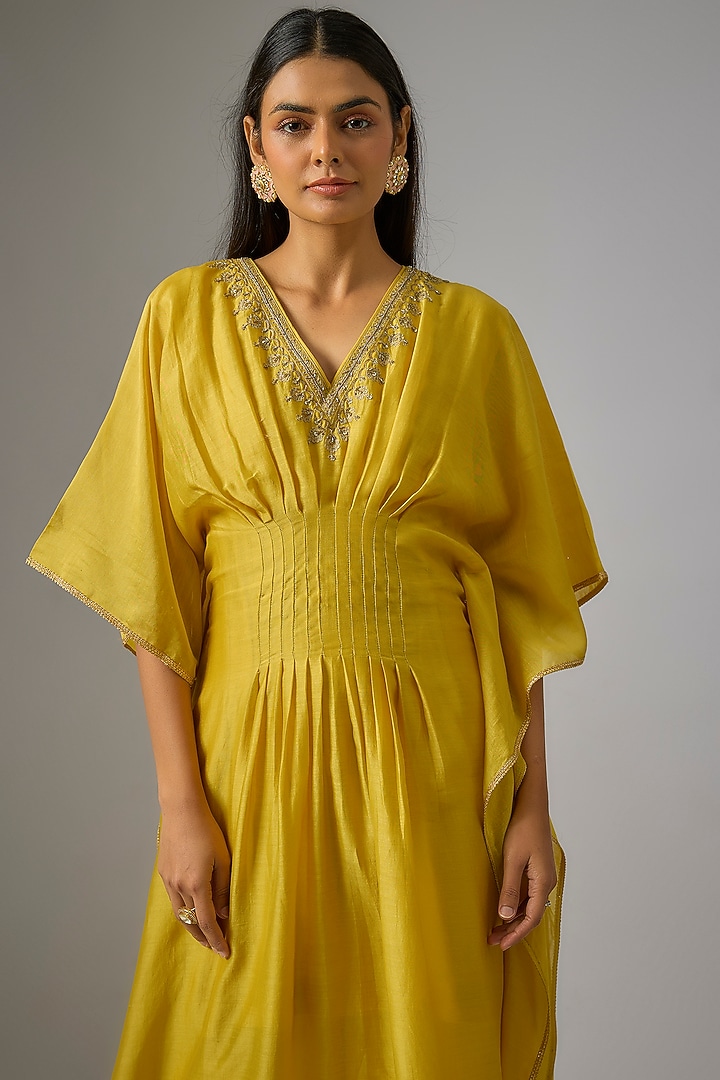Mustard Chanderi Silk Dori Hand Embroidered Kaftan Set by RAR Studio at Pernia's Pop Up Shop