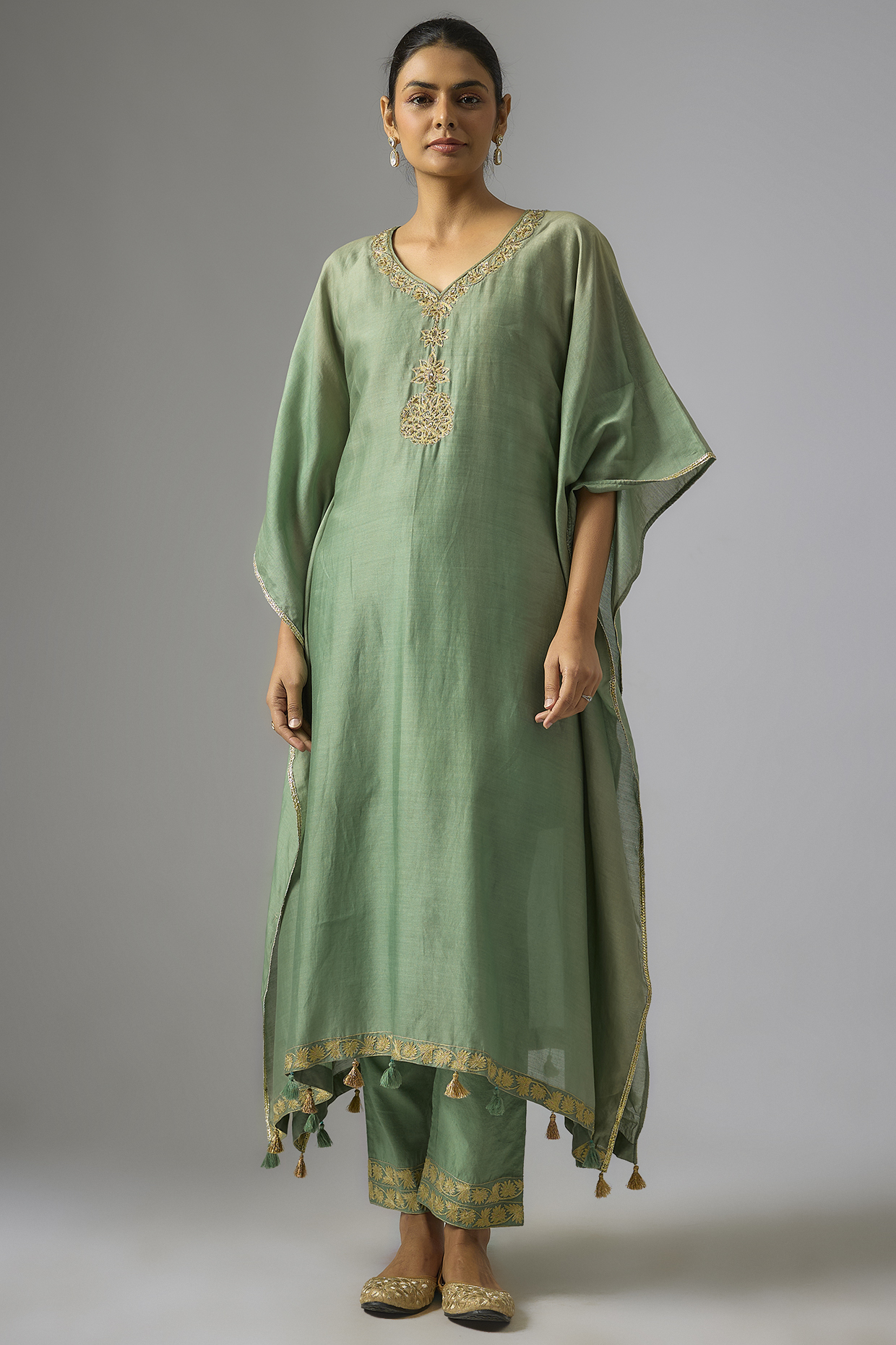 Moss Green Chanderi Silk Aari Embroidered Kaftan Set by RAR Studio at Pernia's Pop Up Shop